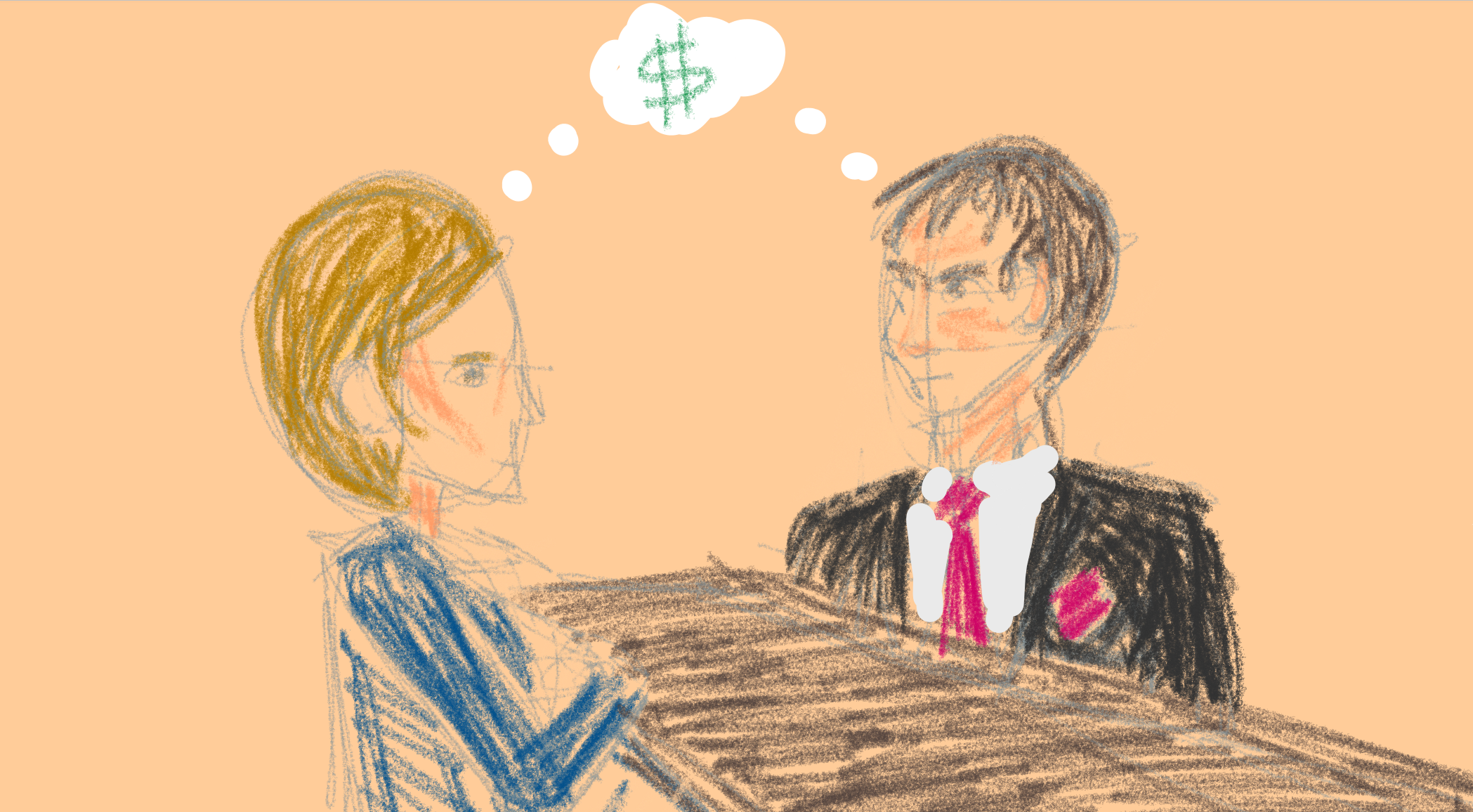 Two professionals discussing financial matters at a table, with a shared thought bubble showing a dollar sign