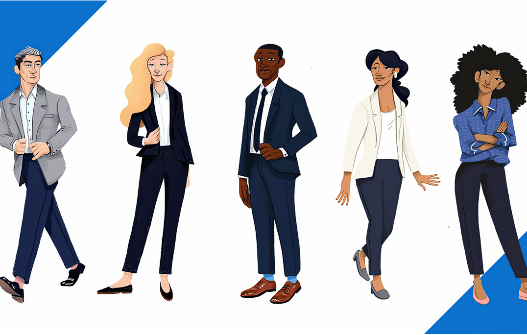 Illustration of five diverse professionals in modern business attire, showcasing men and women in suits, blazers, and stylish workwear against a white background with blue accents