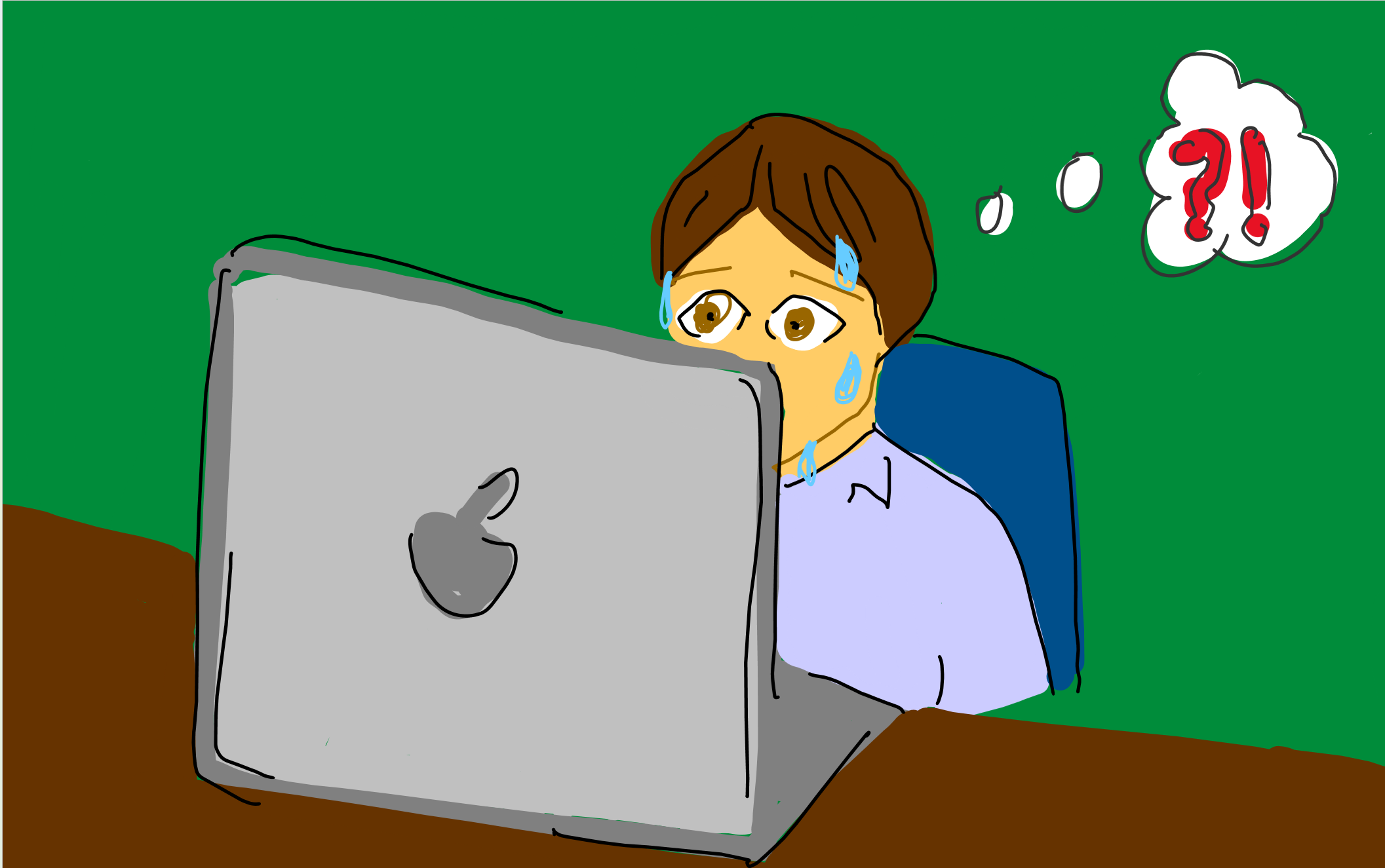 Drawing of a worried man at his computer