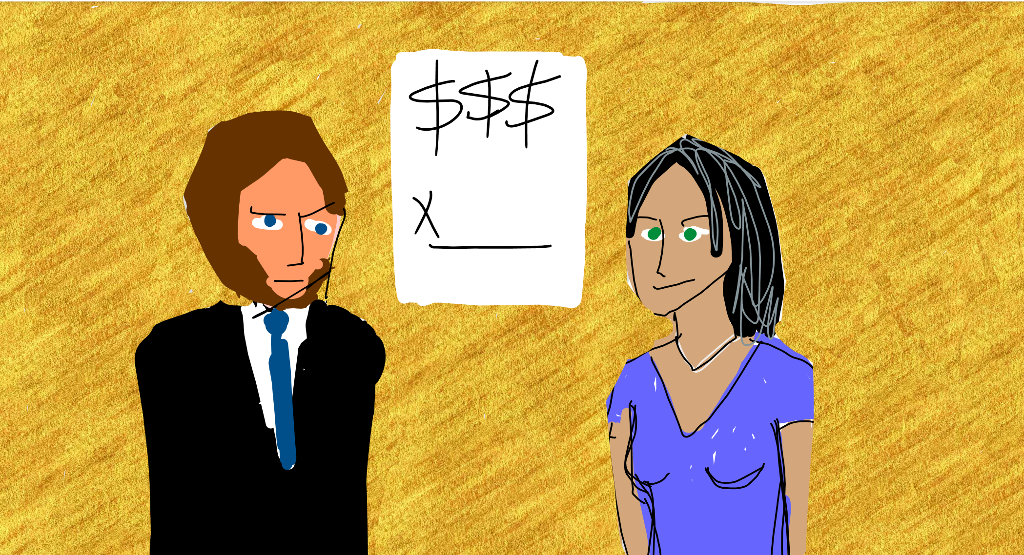 Two professionals standing confidently in front of a yellow background, one in formal attire and the other in casual clothing, with a whiteboard showing mathematical symbols in the center