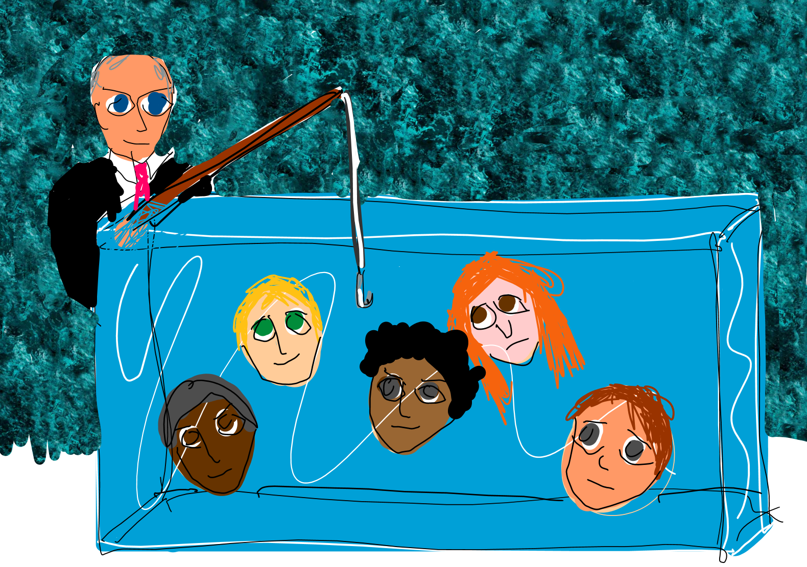 A metaphorical illustration showing a person in a suit fishing from a water tank filled with human heads. Each head has a distinct hair style, symbolizing the process of selecting or recruiting individuals.