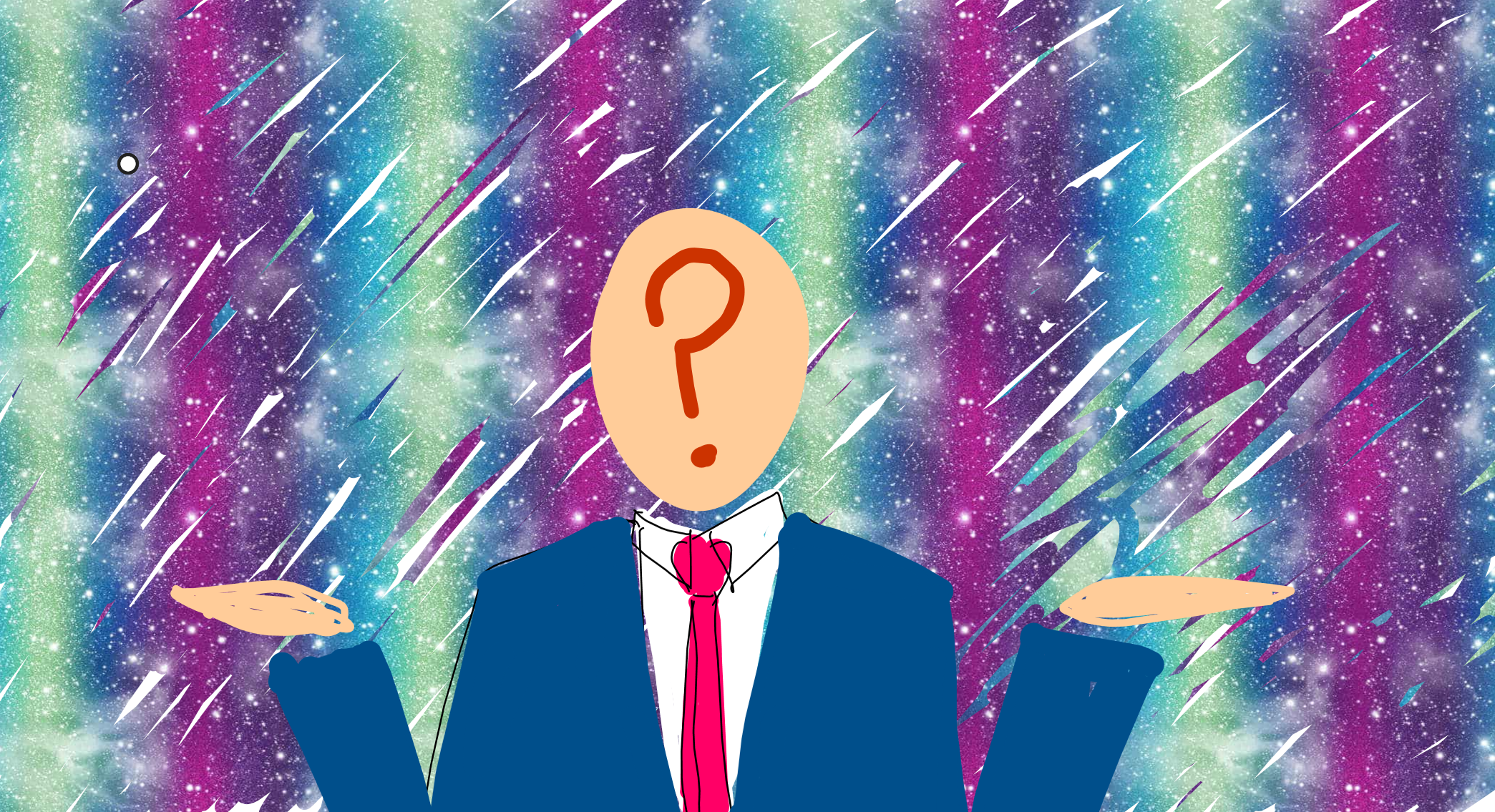 wondering pose with question mark instead of face and colorful background