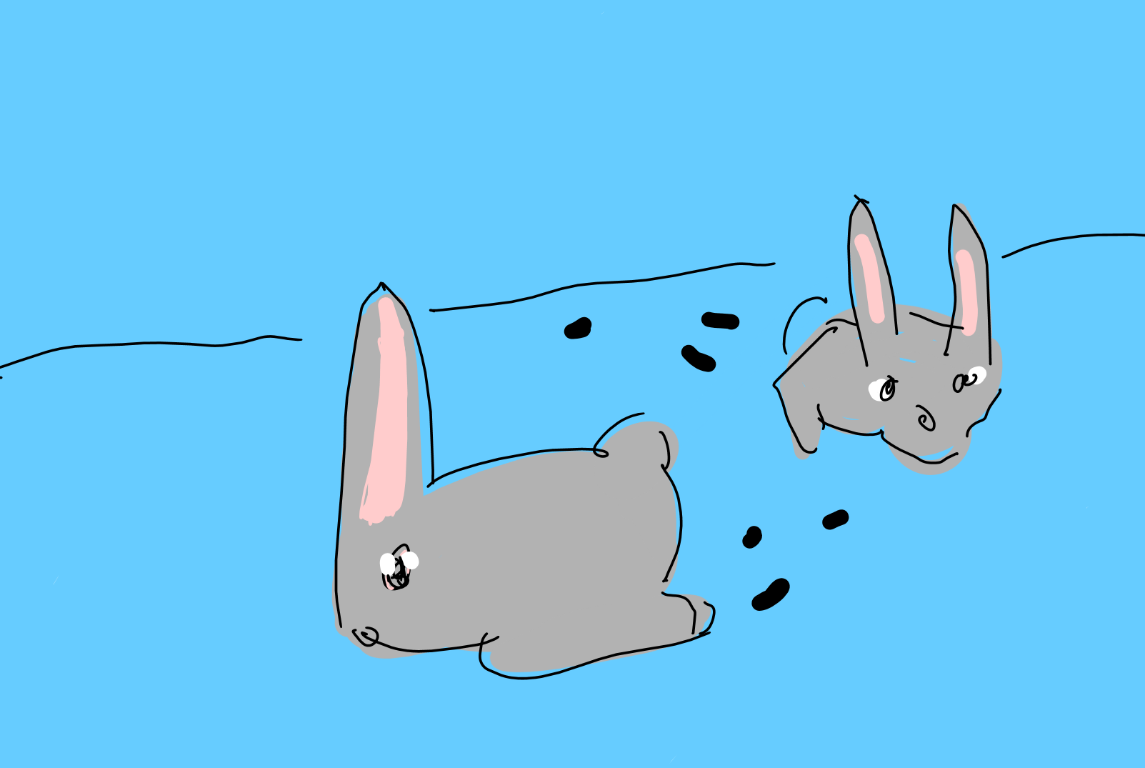 childish hand drawn two rabbits and their footprints with blue background