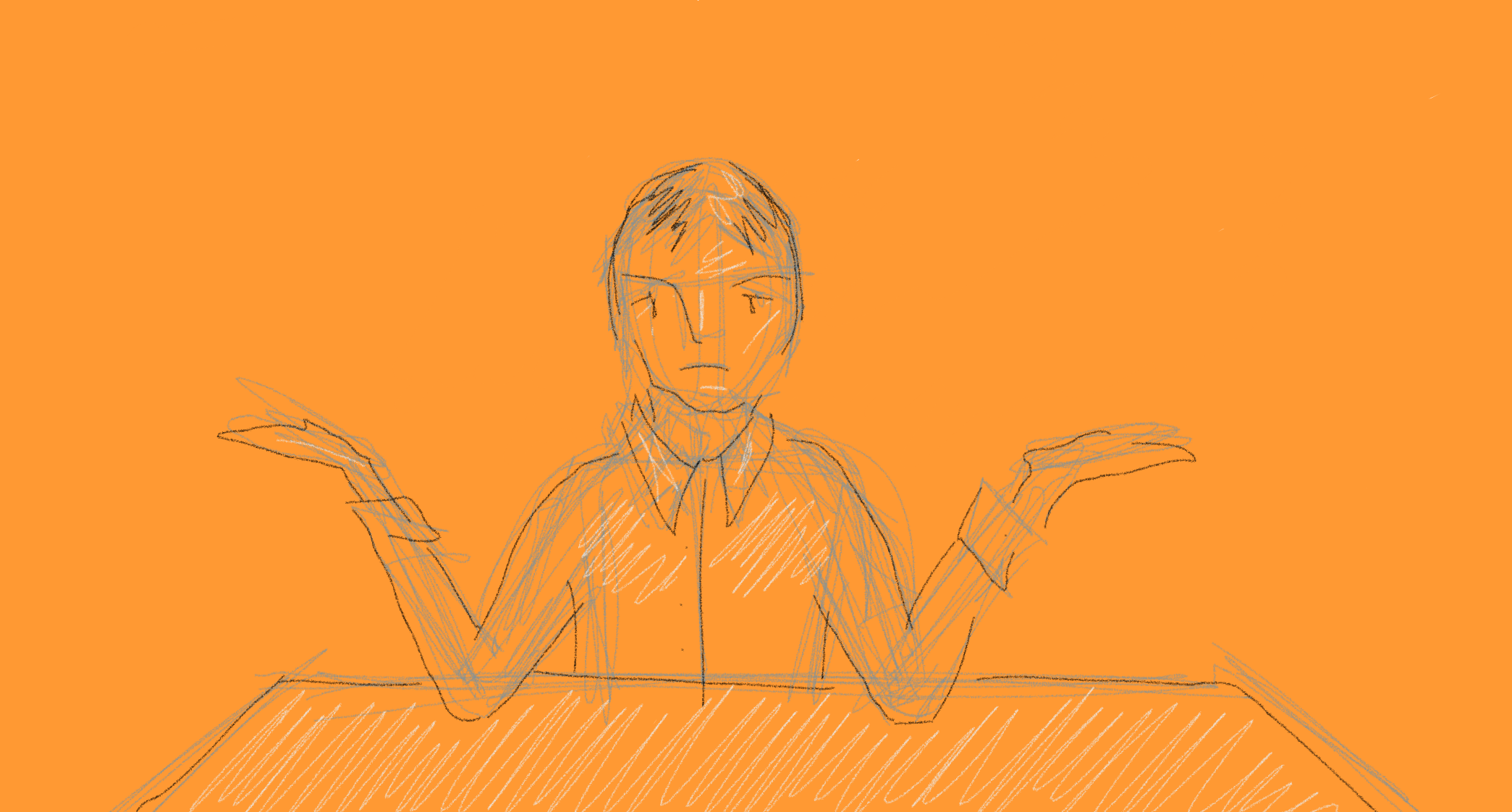 Sketch-style illustration of a confused person with raised hands seated at a table, expressing uncertainty or frustration. Blue line art on orange background, suitable for blog posts about decision-making, career challenges, or emotional expression.