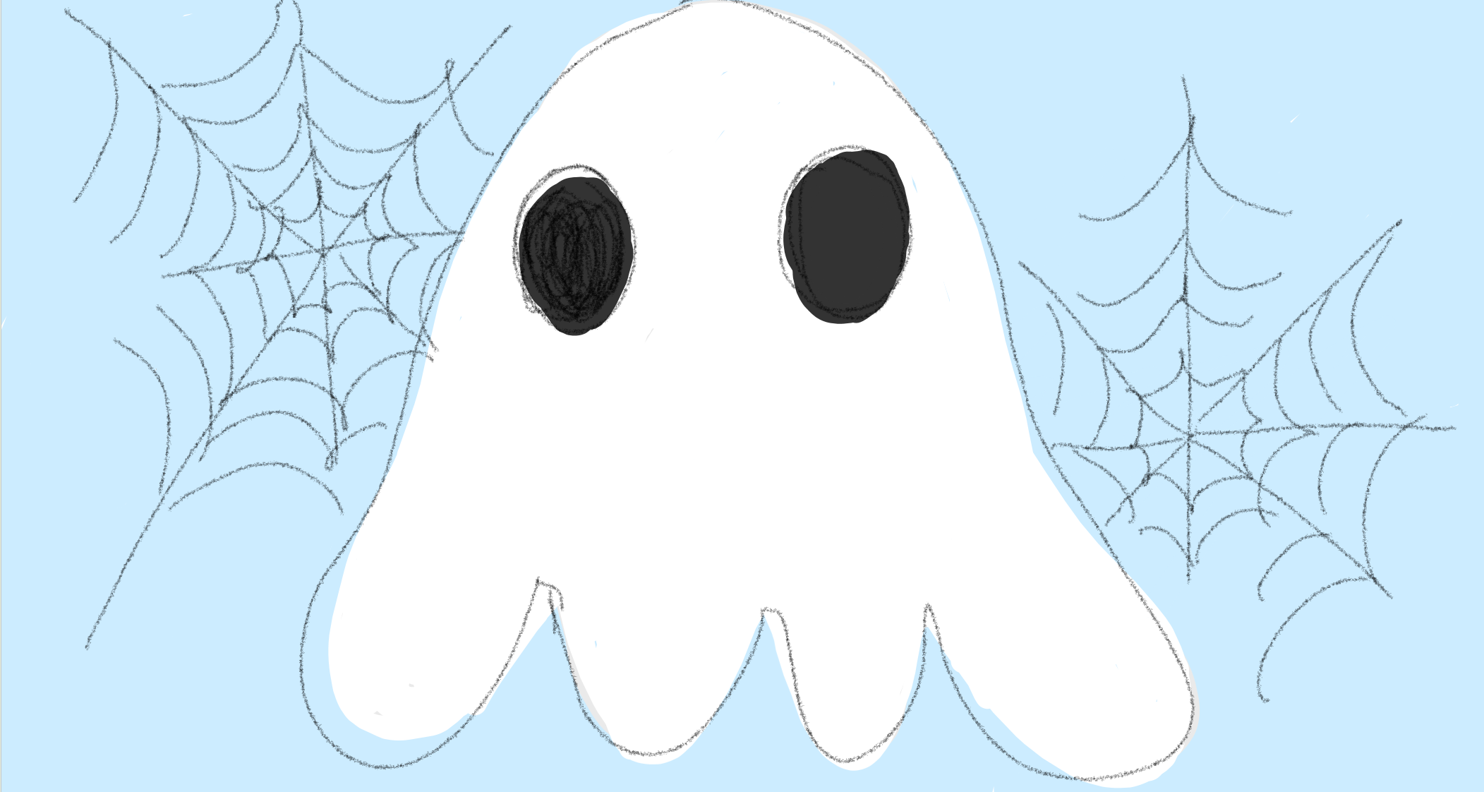Cartoon ghost with large black eyes surrounded by spider webs on a light blue background – spooky Halloween-themed illustration