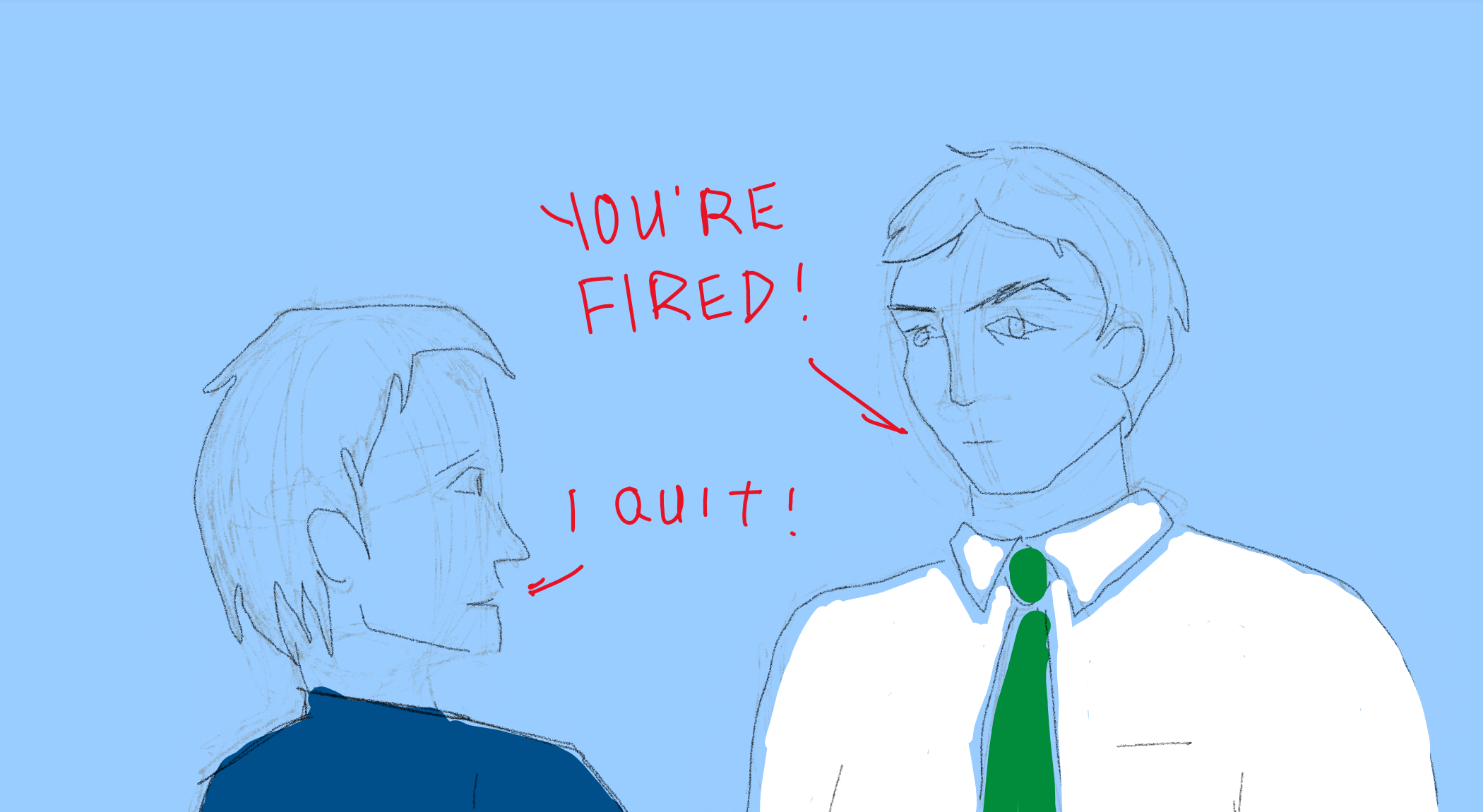 Comical workplace scene with a boss and staff member exchanging “I quit” and “You’re fired”