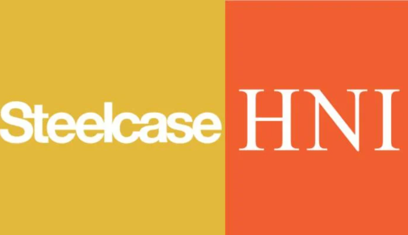 Visual comparison of Steelcase and HNI corporate branding—split background with bold white logos on mustard yellow and bright orange. Highlights office furniture industry competition and merger dynamics between two leading manufacturers.