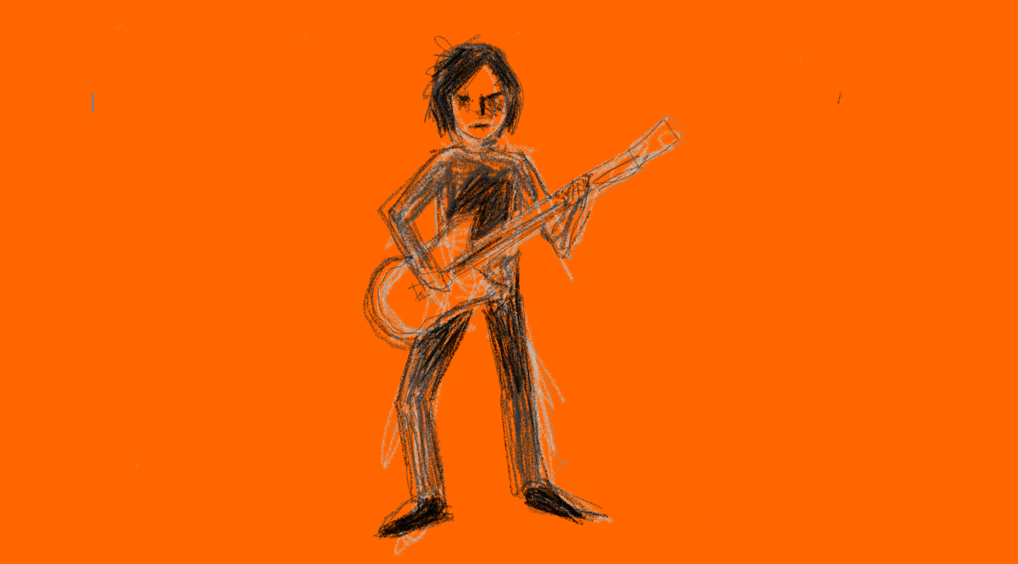 Expressive sketch of a musician playing electric guitar on a bold orange background, capturing dynamic posture and live performance energy in dark, angular lines.